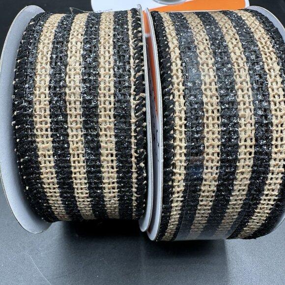 Celebrate It Wired Ribbon 2.5” Black Tan Plaid & Stripe Burlap Rustic Farmhouse - Picture 5 of 8